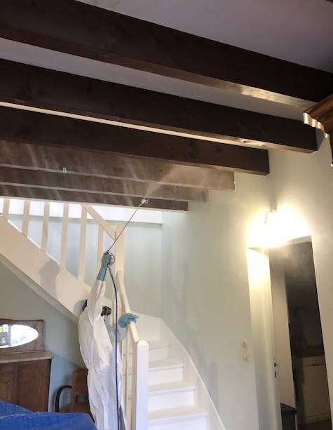 Traitement chimique par pulvérisation contre les termites sur des pannes en bois dans une maison à ARCACHON